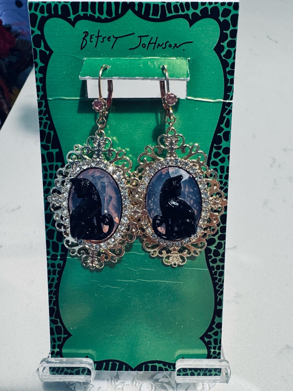 Betsey Johnson Black Cat Cameo Earrings with Gold Filigree